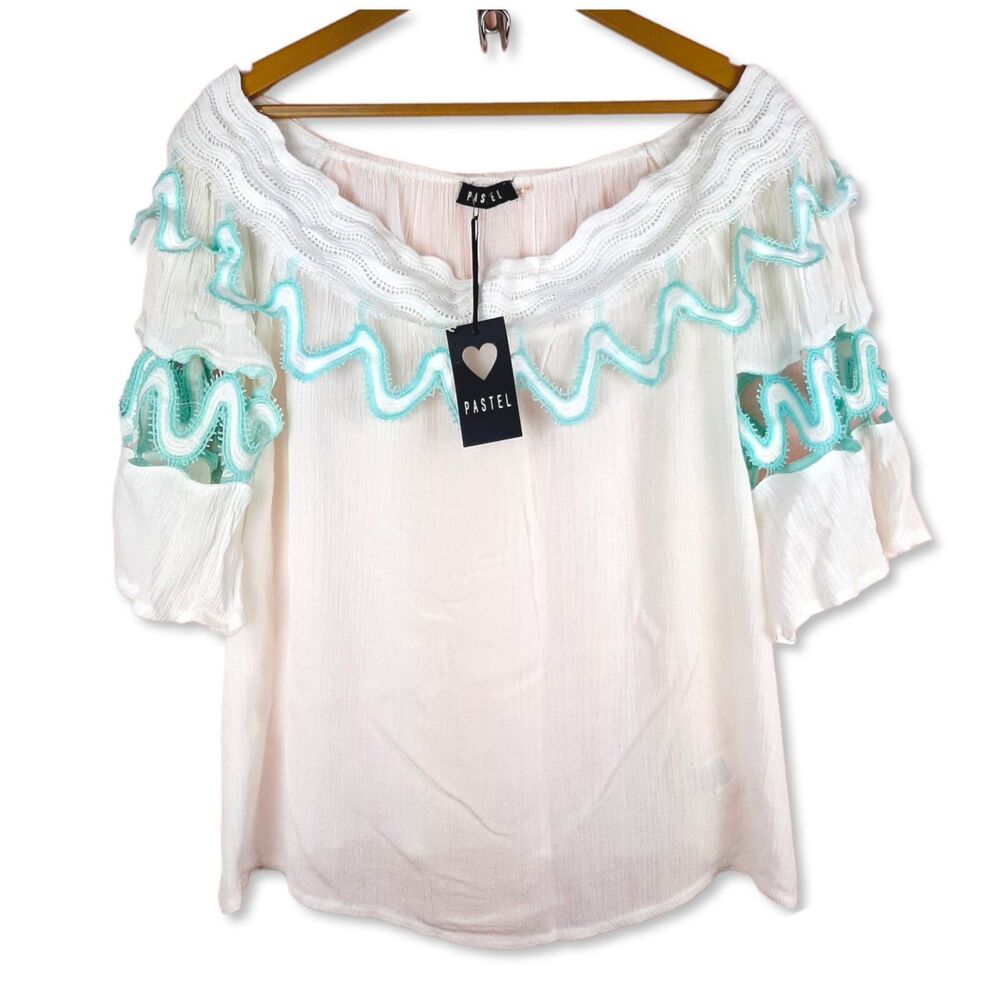 NEW Pastel Women Off Shoulder Top White 100% Rayon Embroidery Size Plus 1X
